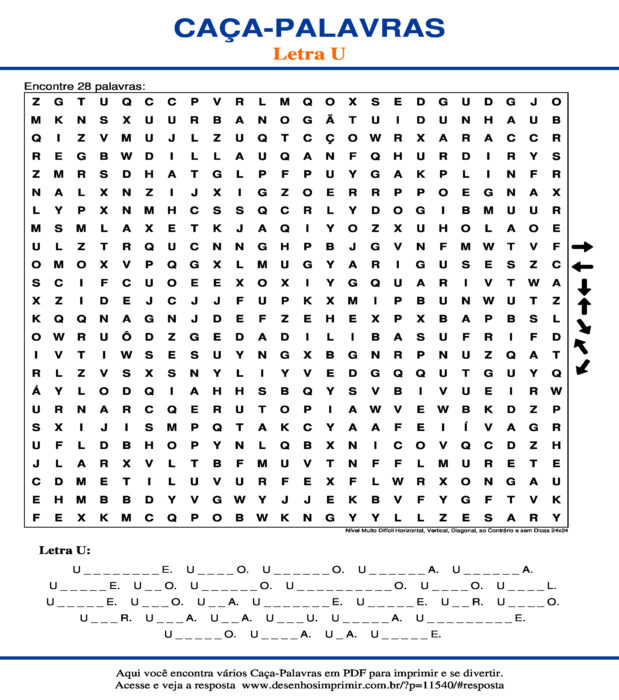 Caça Palavras da Letra U Nível Muito Difícil Horizontal, Vertical, Diagonal, ao Contrário e sem Dicas 24x24 para imprimir
