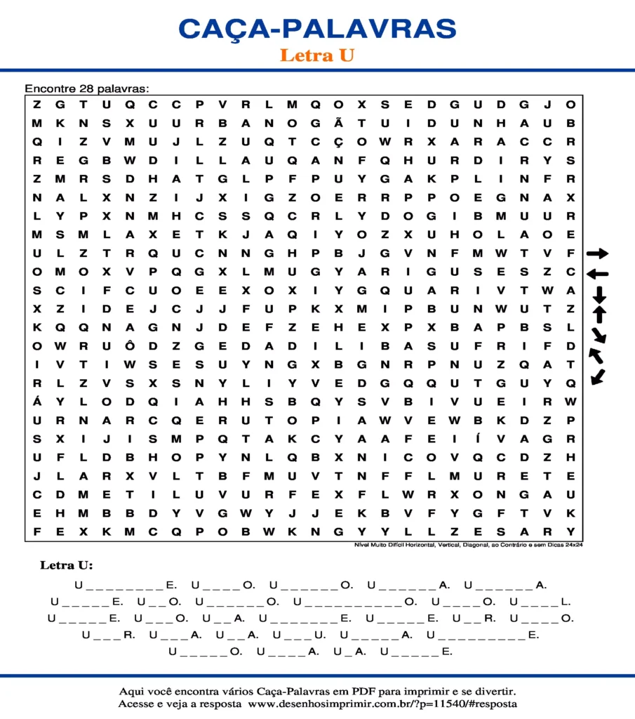 Letra U Nível Muito Difícil Horizontal, Vertical, Diagonal, ao Contrário e sem Dicas 24x24 caça palavras Caça Palavras da Letra U Nível Muito Difícil Horizontal, Vertical, Diagonal, ao Contrário e sem Dicas 24x24 para imprimir