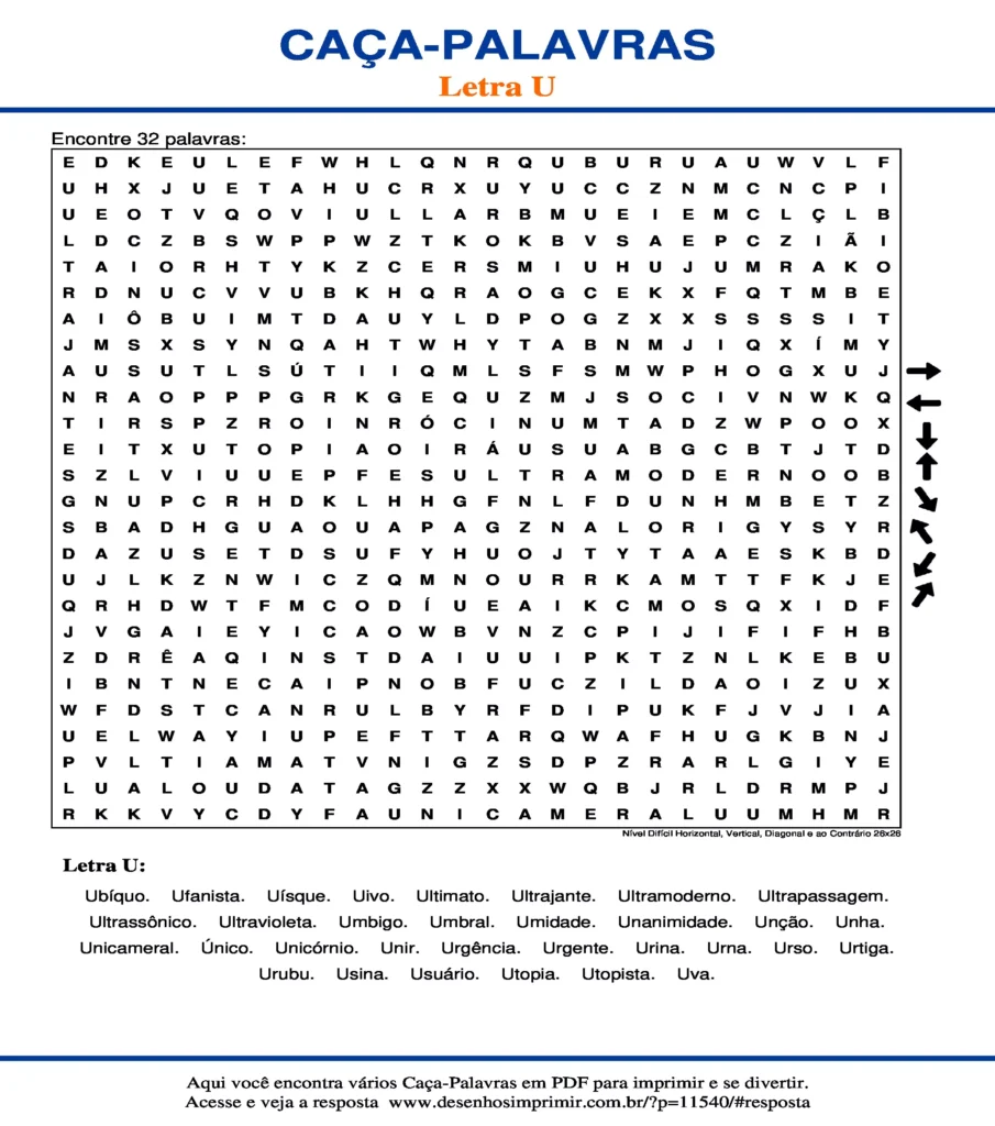Letra U Nível Difícil Horizontal, Vertical, Diagonal e ao Contrário 26x26 caça palavras Caça Palavras da Letra U Nível Difícil Horizontal, Vertical, Diagonal e ao Contrário 26x26 para imprimir