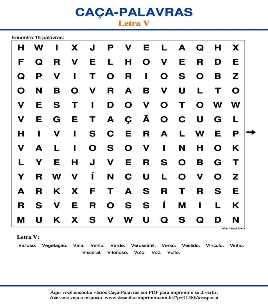 Letra V Nível Infantil 13x13 caça palavras Caça Palavras da Letra V Nível Infantil 13x13 para imprimir
