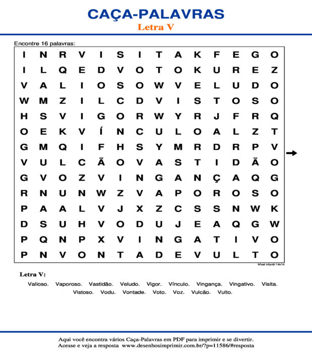Caça Palavras da Letra V Nível Infantil 14x14 para imprimir