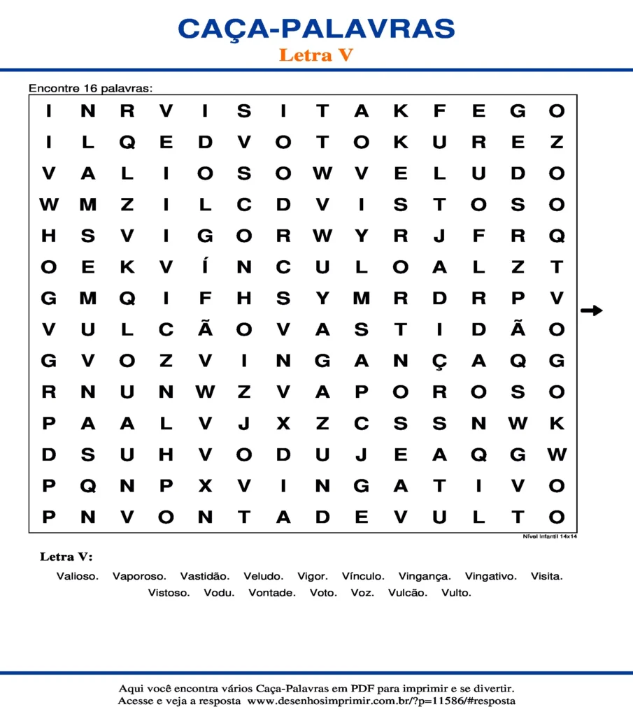 Letra V Nível Infantil 14x14 caça palavras Caça Palavras da Letra V Nível Infantil 14x14 para imprimir