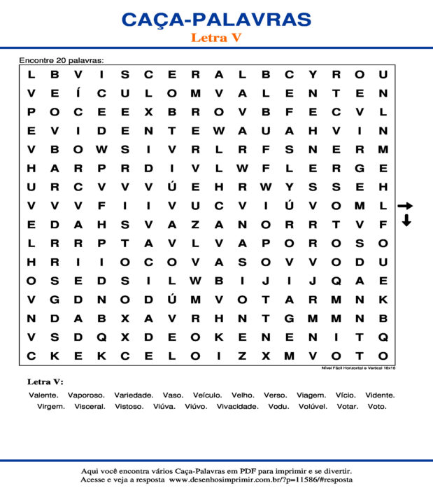 Caça Palavras da Letra V Nível Fácil Horizontal e Vertical 16x16 para imprimir