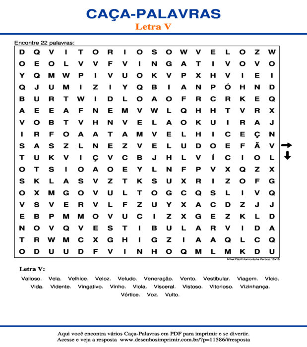Caça Palavras da Letra V Nível Fácil Horizontal e Vertical 18x18 para imprimir
