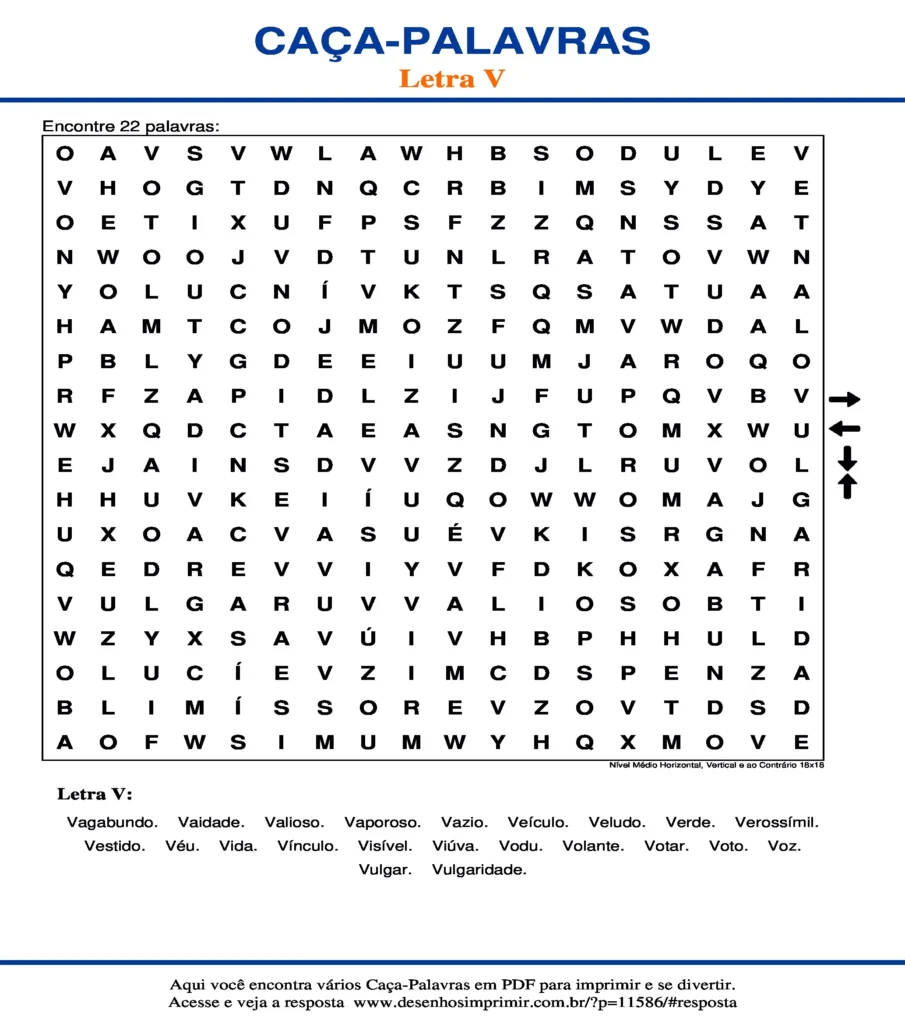 Letra V Nível Médio Horizontal, Vertical e ao Contrário 18x18 caça palavras Caça Palavras da Letra V Nível Médio Horizontal, Vertical e ao Contrário 18x18 para imprimir