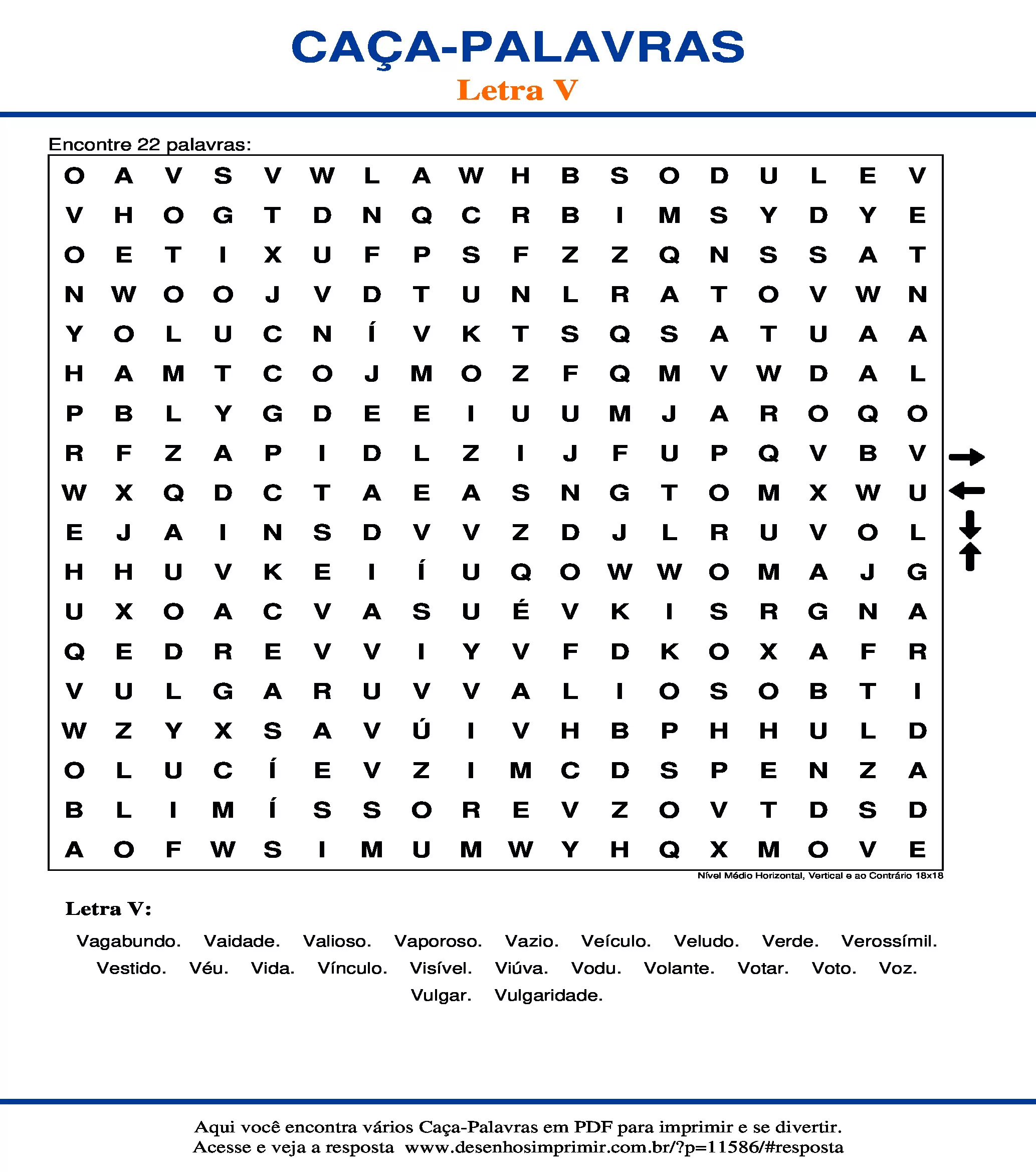 Caça Palavras Nível Médio Horizontal, Vertical e ao Contrário 18x18