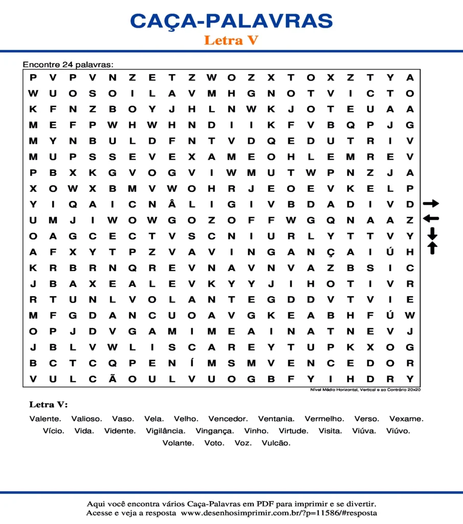 Letra V Nível Médio Horizontal, Vertical e ao Contrário 20x20 caça palavras Caça Palavras da Letra V Nível Médio Horizontal, Vertical e ao Contrário 20x20 para imprimir