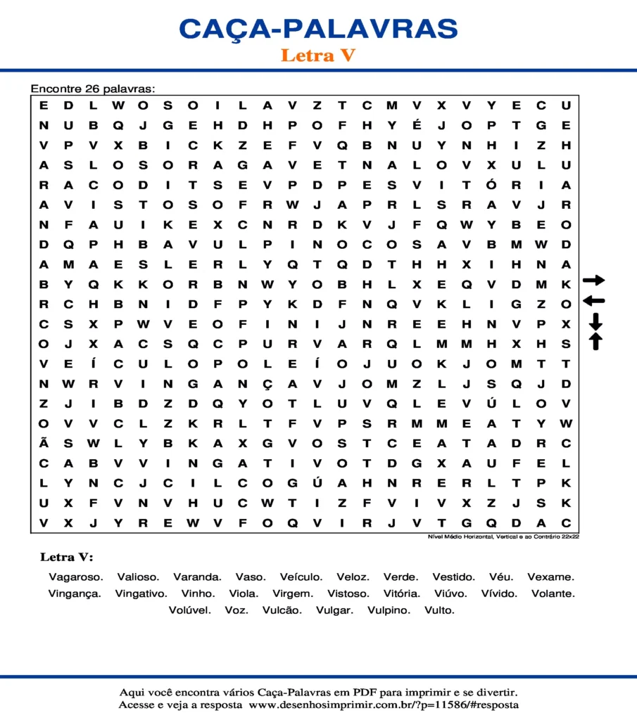 Letra V Nível Médio Horizontal, Vertical e ao Contrário 22x22 caça palavras Caça Palavras da Letra V Nível Médio Horizontal, Vertical e ao Contrário 22x22 para imprimir