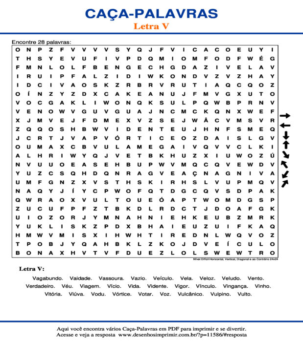 Caça Palavras da Letra V Nível Difícil Horizontal, Vertical, Diagonal e ao Contrário 24x24 para imprimir