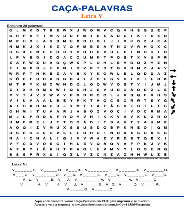 Caça Palavras da Letra V Nível Muito Difícil Horizontal, Vertical, Diagonal, ao Contrário e sem Dicas 24x24 para imprimir