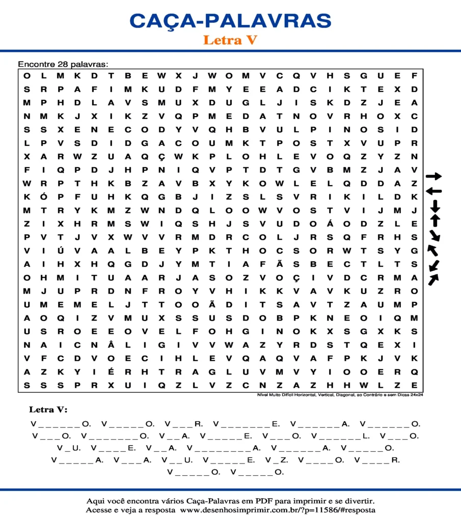 Letra V Nível Muito Difícil Horizontal, Vertical, Diagonal, ao Contrário e sem Dicas 24x24 caça palavras Caça Palavras da Letra V Nível Muito Difícil Horizontal, Vertical, Diagonal, ao Contrário e sem Dicas 24x24 para imprimir