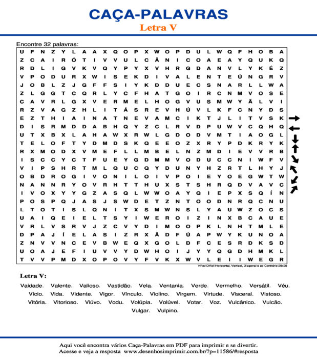 Caça Palavras da Letra V Nível Difícil Horizontal, Vertical, Diagonal e ao Contrário 26x26 para imprimir
