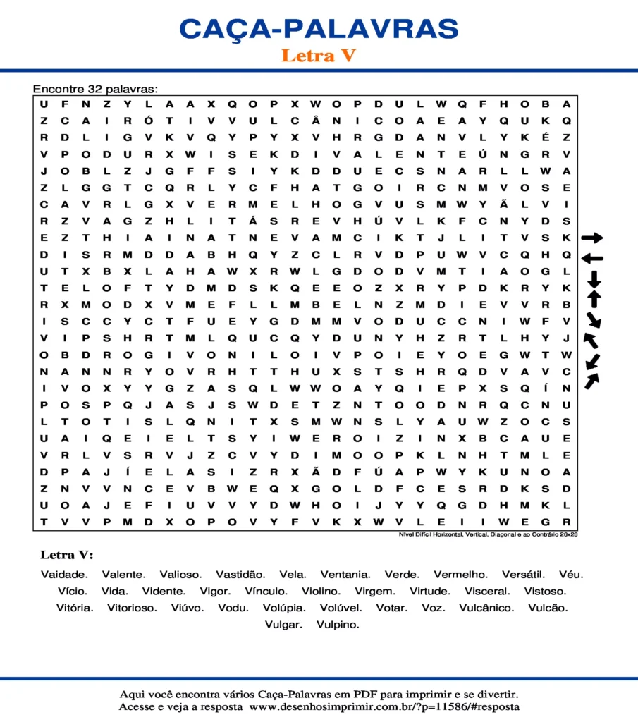 Letra V Nível Difícil Horizontal, Vertical, Diagonal e ao Contrário 26x26 caça palavras Caça Palavras da Letra V Nível Difícil Horizontal, Vertical, Diagonal e ao Contrário 26x26 para imprimir