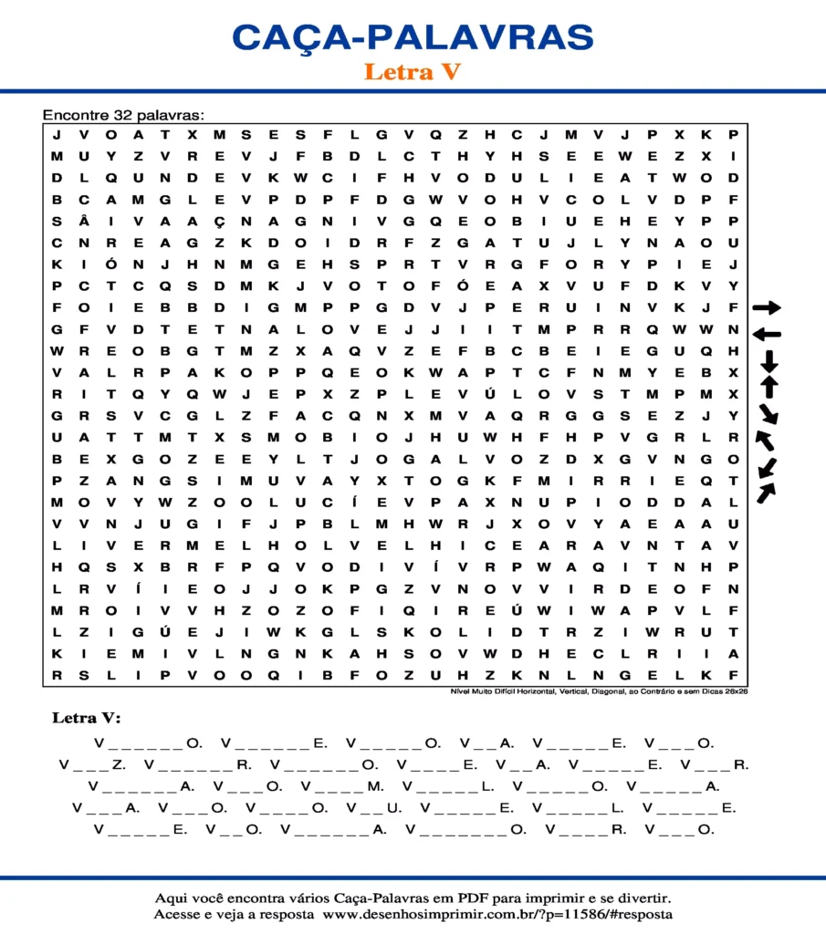 Letra V Nível Muito Difícil Horizontal, Vertical, Diagonal, ao Contrário e sem Dicas 26x26 caça palavras Caça Palavras da Letra V Nível Muito Difícil Horizontal, Vertical, Diagonal, ao Contrário e sem Dicas 26x26 para imprimir