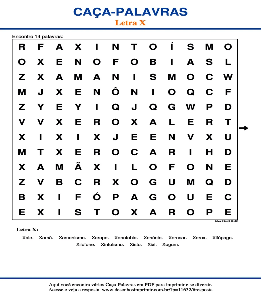 Letra X Nível Infantil 12x12 caça palavras Caça Palavras da Letra X Nível Infantil 12x12 para imprimir