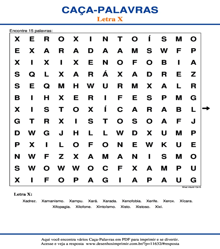 Letra X Nível Infantil 13x13 caça palavras Caça Palavras da Letra X Nível Infantil 13x13 para imprimir