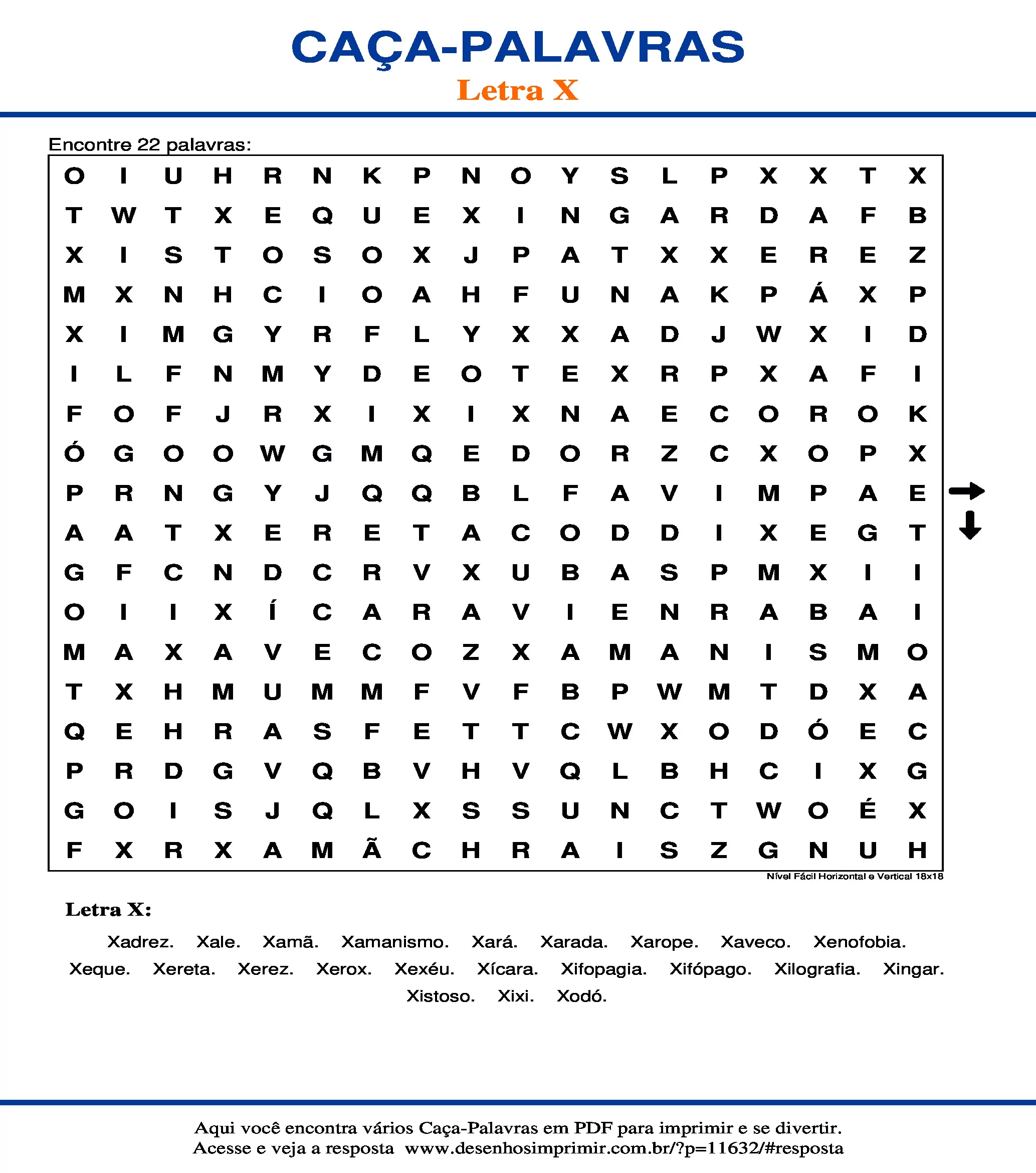 Caça Palavras Nível Fácil Horizontal e Vertical 18x18