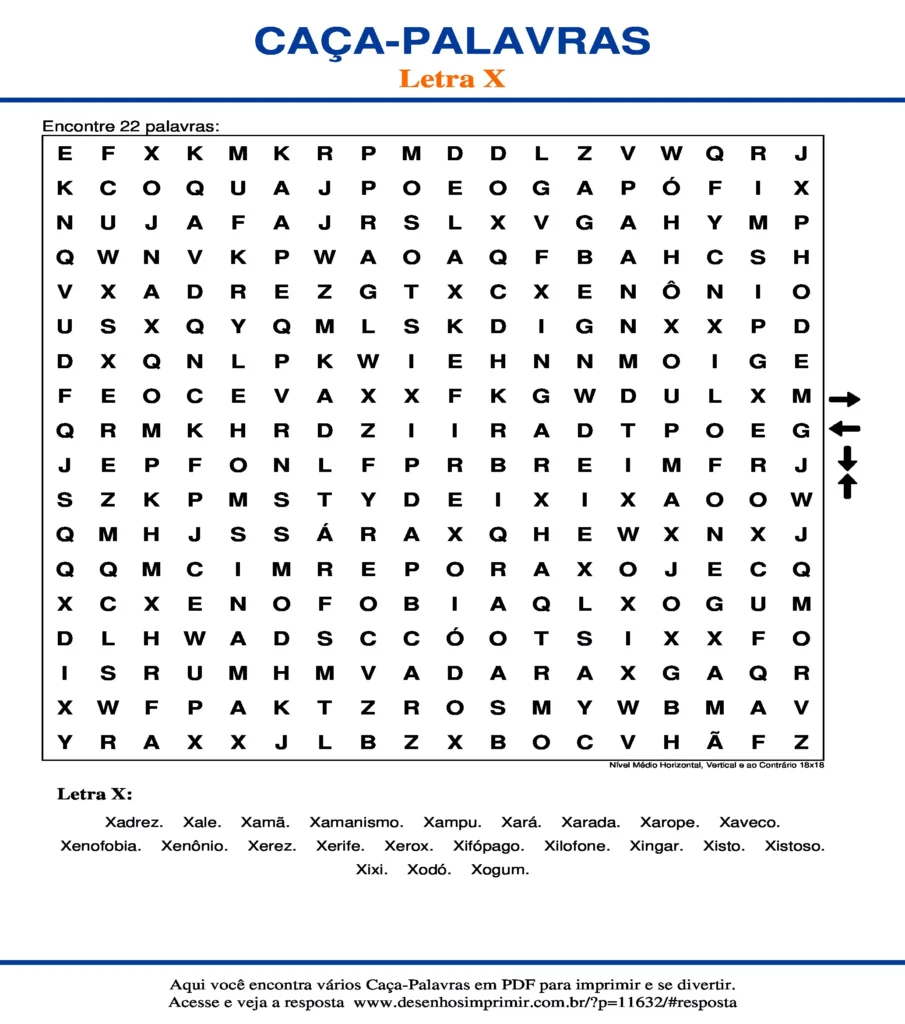 Letra X Nível Médio Horizontal, Vertical e ao Contrário 18x18 caça palavras Caça Palavras da Letra X Nível Médio Horizontal, Vertical e ao Contrário 18x18 para imprimir