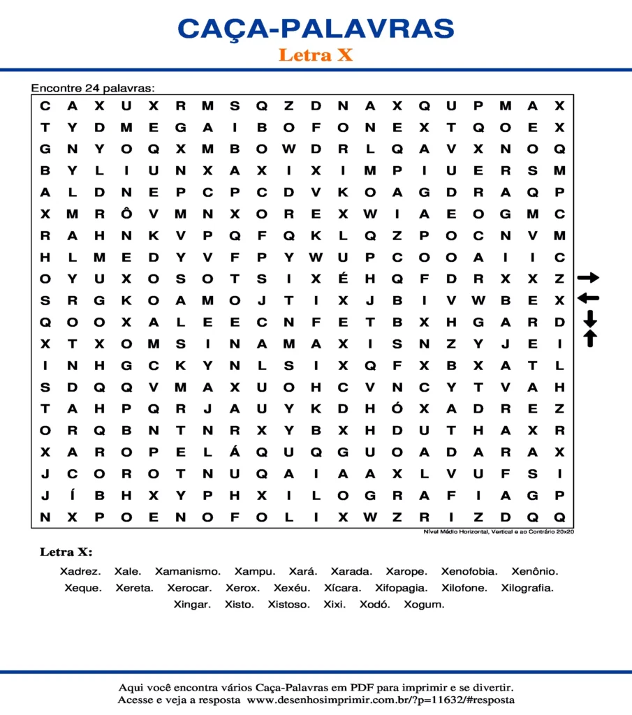 Letra X Nível Médio Horizontal, Vertical e ao Contrário 20x20 caça palavras Caça Palavras da Letra X Nível Médio Horizontal, Vertical e ao Contrário 20x20 para imprimir