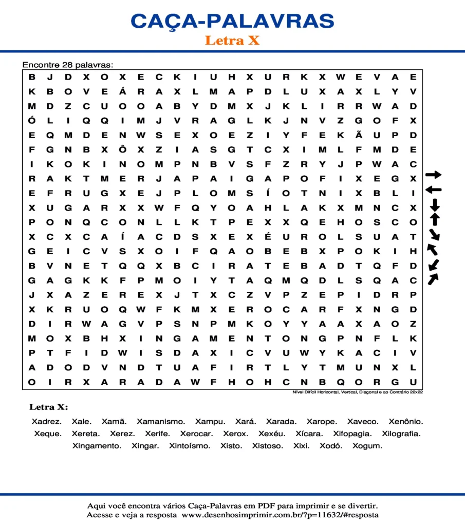 Letra X Nível Difícil Horizontal, Vertical, Diagonal e ao Contrário 22x22 caça palavras Caça Palavras da Letra X Nível Difícil Horizontal, Vertical, Diagonal e ao Contrário 22x22 para imprimir