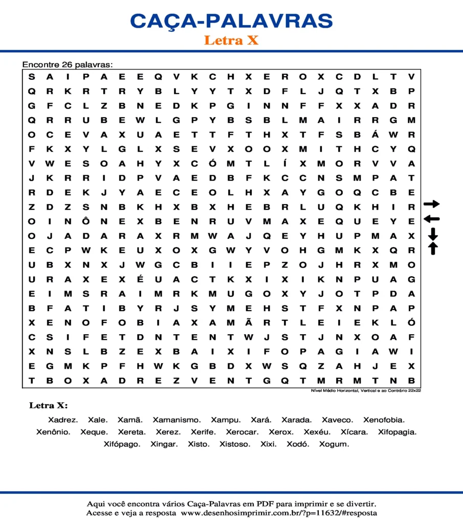 Letra X Nível Médio Horizontal, Vertical e ao Contrário 22x22 caça palavras Caça Palavras da Letra X Nível Médio Horizontal, Vertical e ao Contrário 22x22 para imprimir