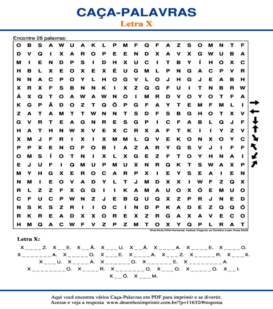 Letra X Nível Muito Difícil Horizontal, Vertical, Diagonal, ao Contrário e sem Dicas 22x22 caça palavras Caça Palavras da Letra X Nível Muito Difícil Horizontal, Vertical, Diagonal, ao Contrário e sem Dicas 22x22 para imprimir