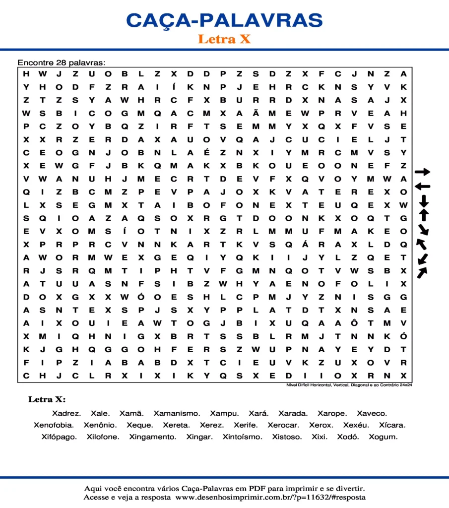 Letra X Nível Difícil Horizontal, Vertical, Diagonal e ao Contrário 24x24 caça palavras Caça Palavras da Letra X Nível Difícil Horizontal, Vertical, Diagonal e ao Contrário 24x24 para imprimir