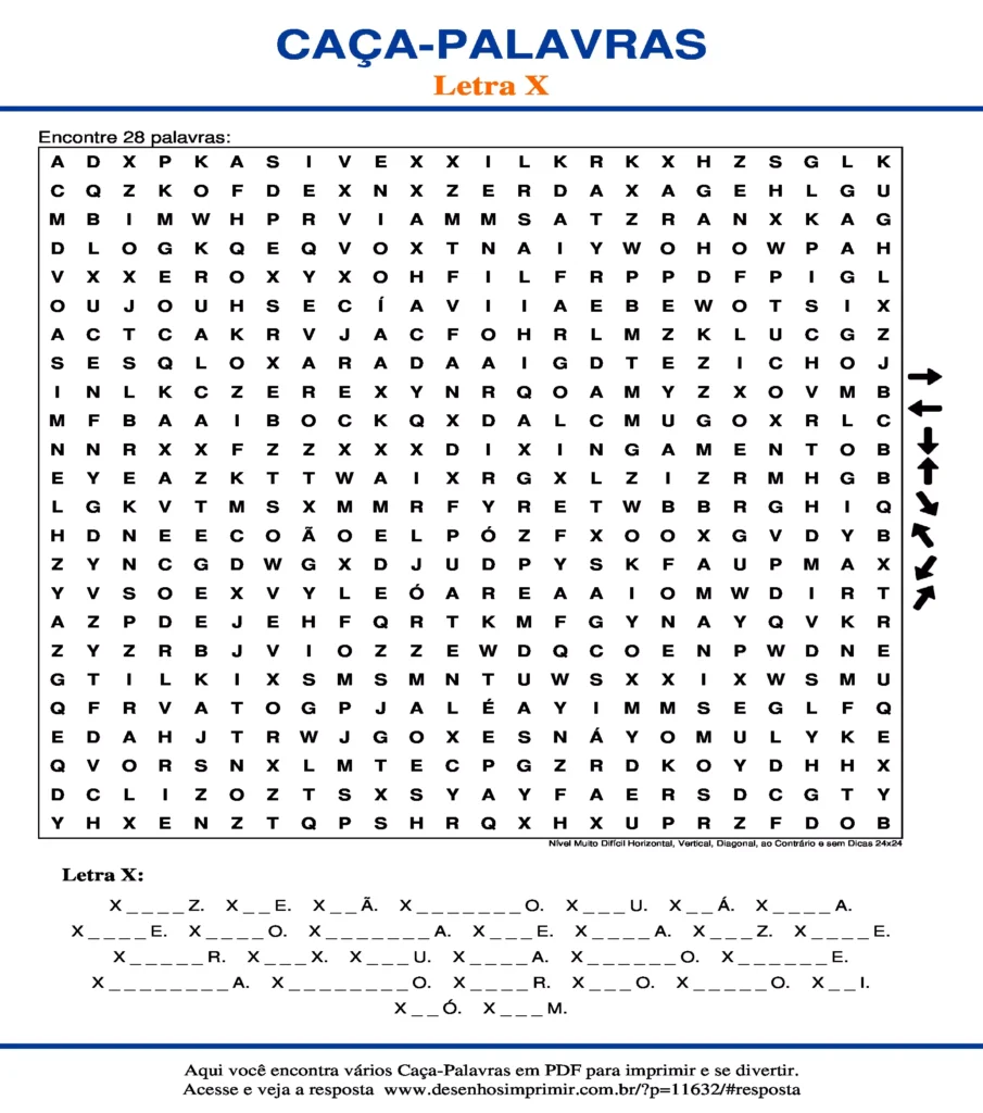 Letra X Nível Muito Difícil Horizontal, Vertical, Diagonal, ao Contrário e sem Dicas 24x24 caça palavras Caça Palavras da Letra X Nível Muito Difícil Horizontal, Vertical, Diagonal, ao Contrário e sem Dicas 24x24 para imprimir