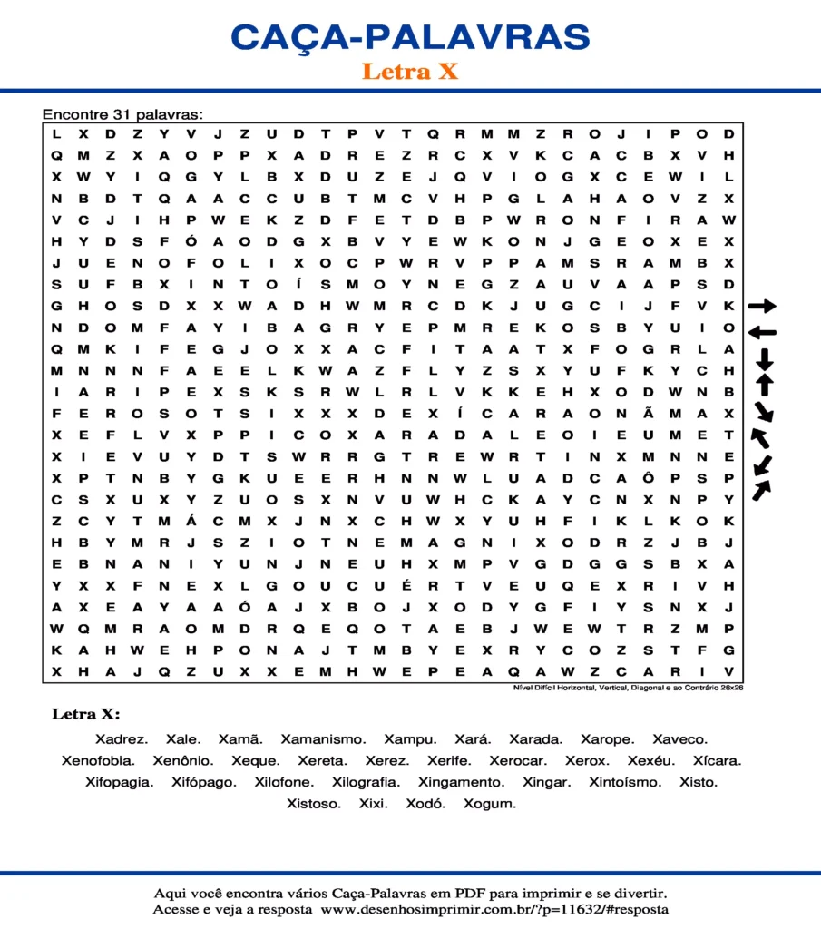 Letra X Nível Difícil Horizontal, Vertical, Diagonal e ao Contrário 26x26 caça palavras Caça Palavras da Letra X Nível Difícil Horizontal, Vertical, Diagonal e ao Contrário 26x26 para imprimir