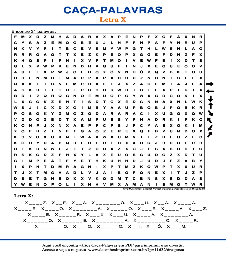 Letra X Nível Muito Difícil Horizontal, Vertical, Diagonal, ao Contrário e sem Dicas 26x26 caça palavras Caça Palavras da Letra X Nível Muito Difícil Horizontal, Vertical, Diagonal, ao Contrário e sem Dicas 26x26 para imprimir