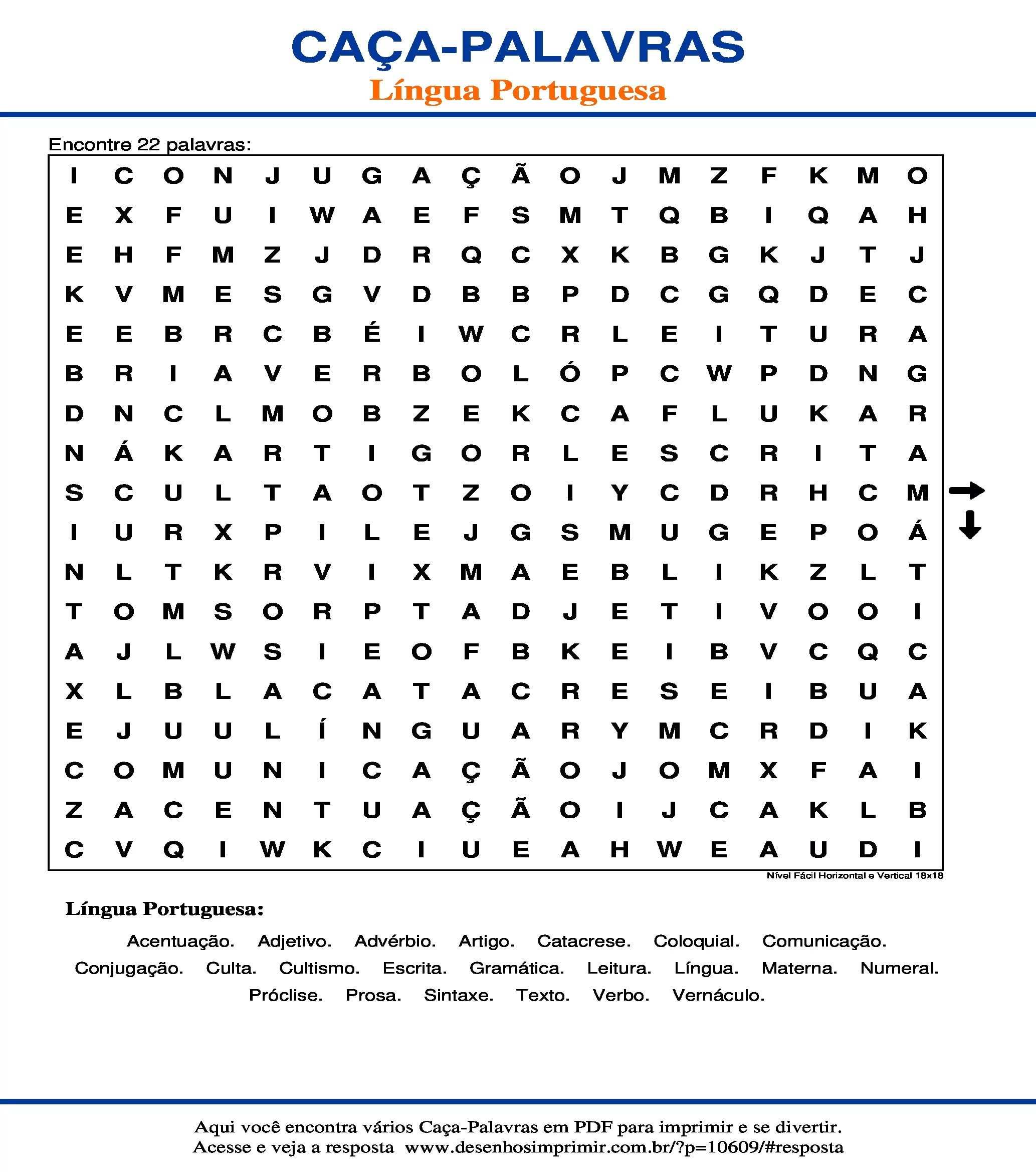 Caça Palavras Nível Fácil Horizontal e Vertical 18x18
