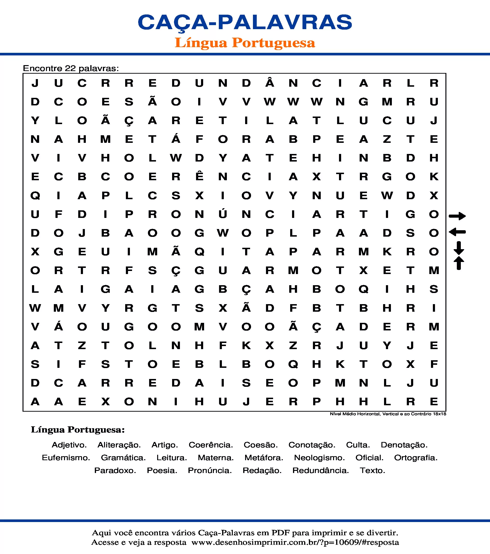 Caça Palavras Nível Médio Horizontal, Vertical e ao Contrário 18x18
