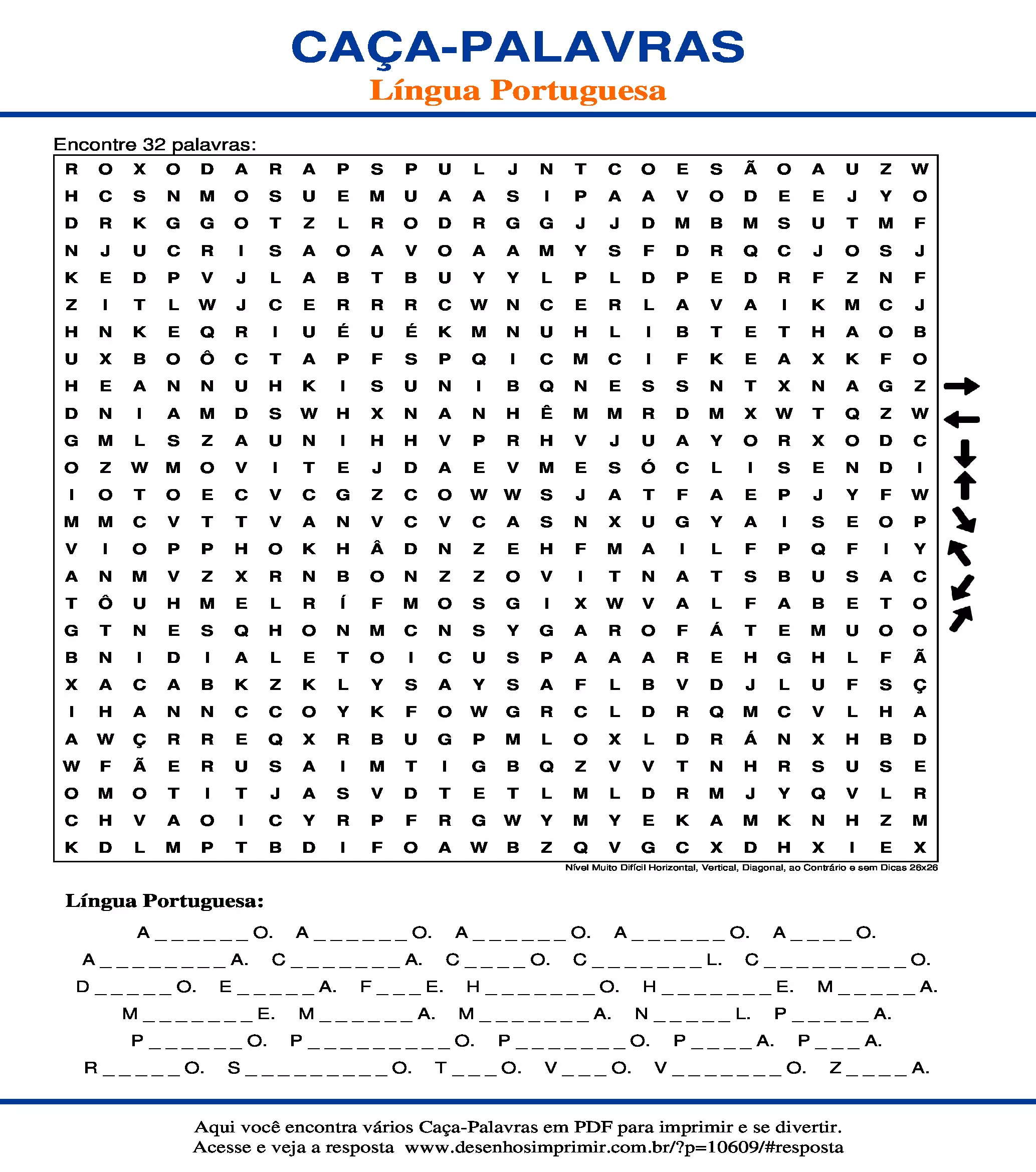 Caça Palavras Nível Muito Difícil Horizontal, Vertical, Diagonal, ao Contrário e sem Dicas 26x26