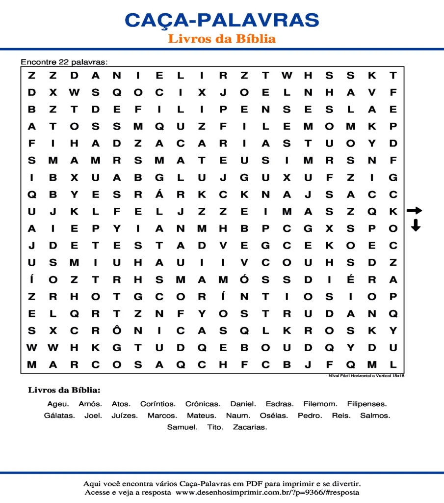 Livros da Bíblia Nível Fácil Horizontal e Vertical 18x18 caça palavras Caça Palavras Livros da Bíblia Nível Fácil Horizontal e Vertical 18x18 para imprimir