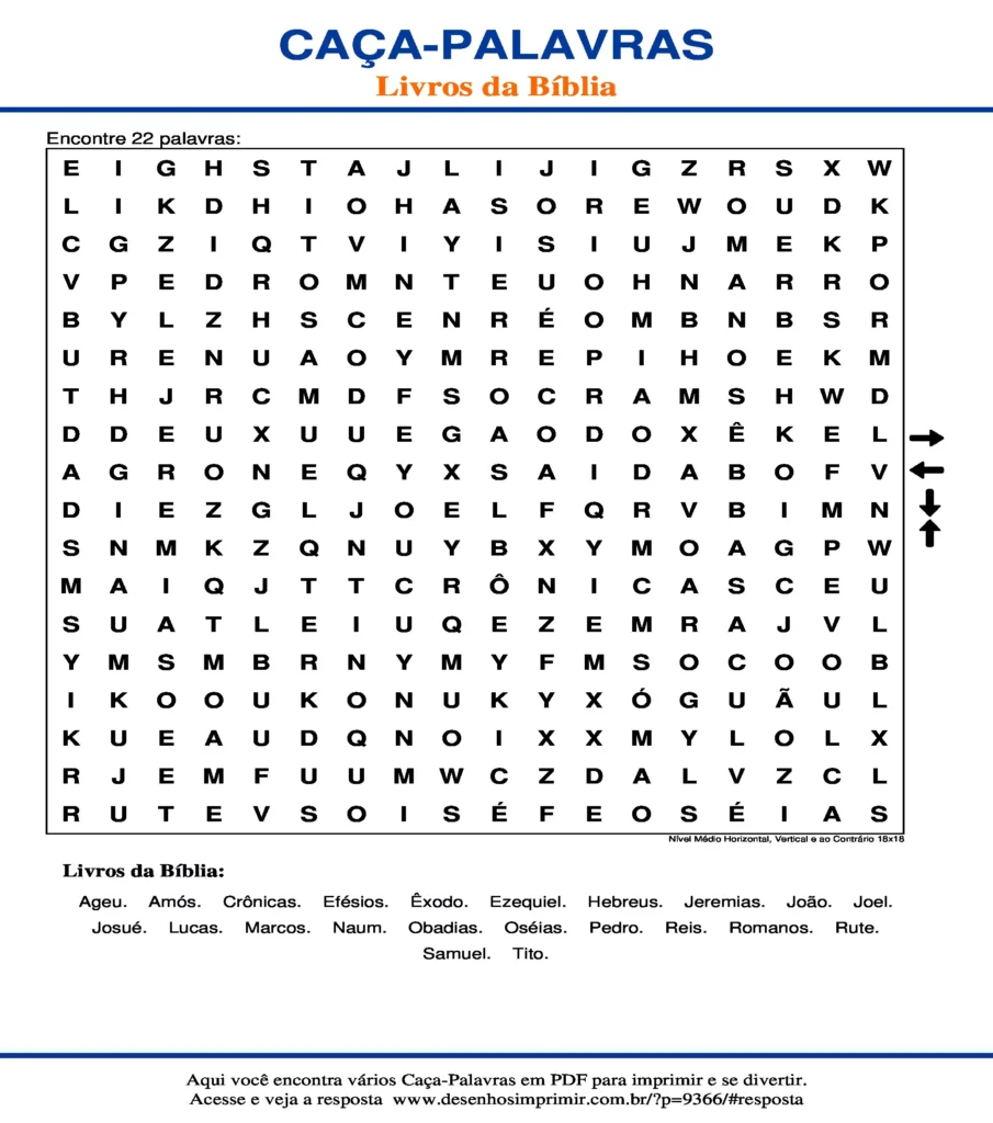 Livros da Bíblia Nível Médio Horizontal, Vertical e ao Contrário 18x18 caça palavras Caça Palavras Livros da Bíblia Nível Médio Horizontal, Vertical e ao Contrário 18x18 para imprimir