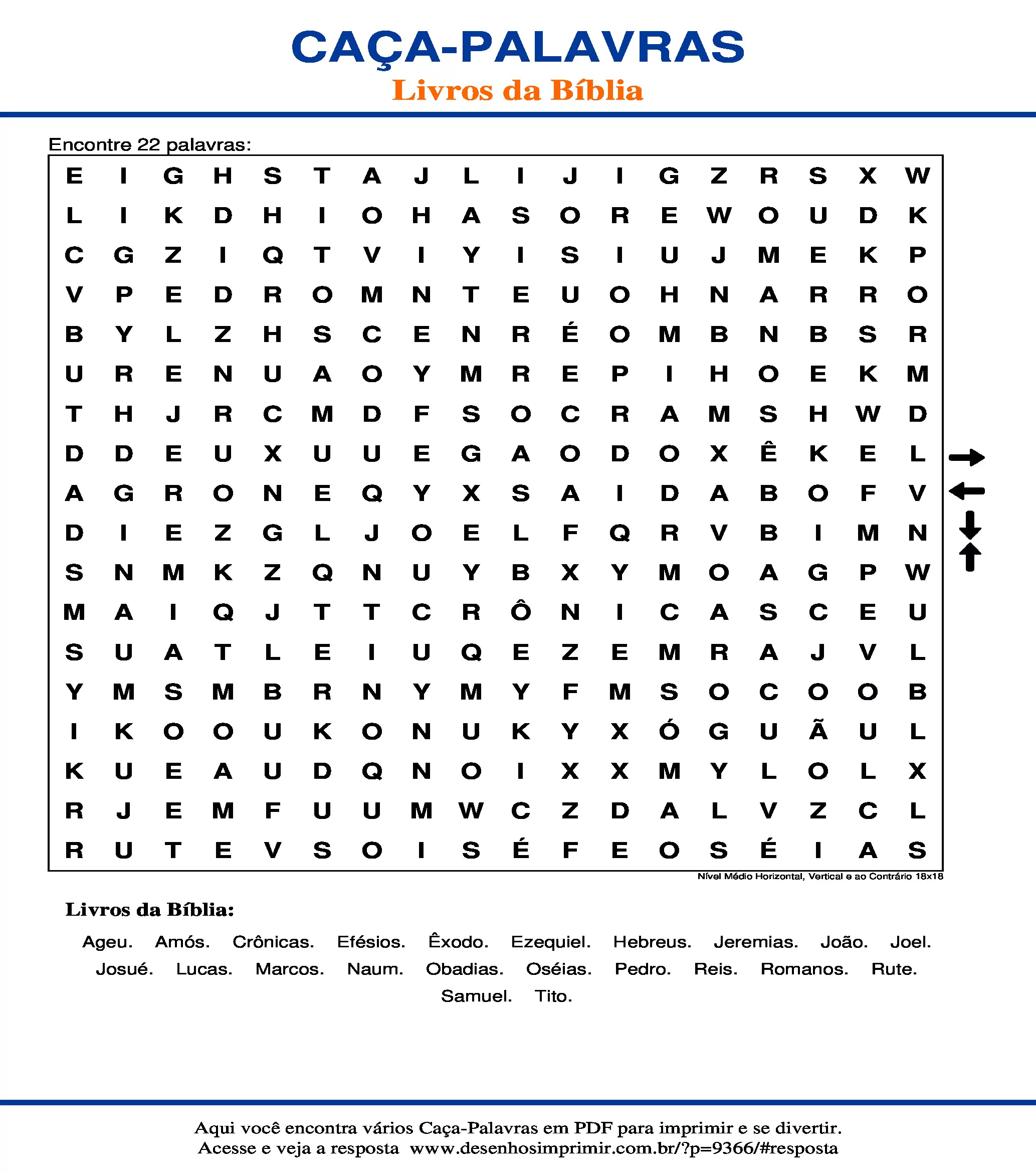 Caça Palavras Nível Médio Horizontal, Vertical e ao Contrário 18x18