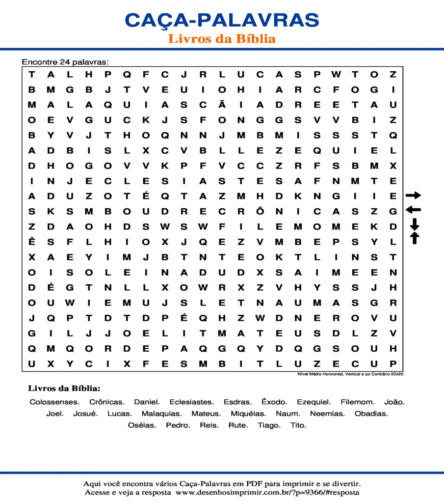 Livros da Bíblia Nível Médio Horizontal, Vertical e ao Contrário 20x20 caça palavras Caça Palavras Livros da Bíblia Nível Médio Horizontal, Vertical e ao Contrário 20x20 para imprimir