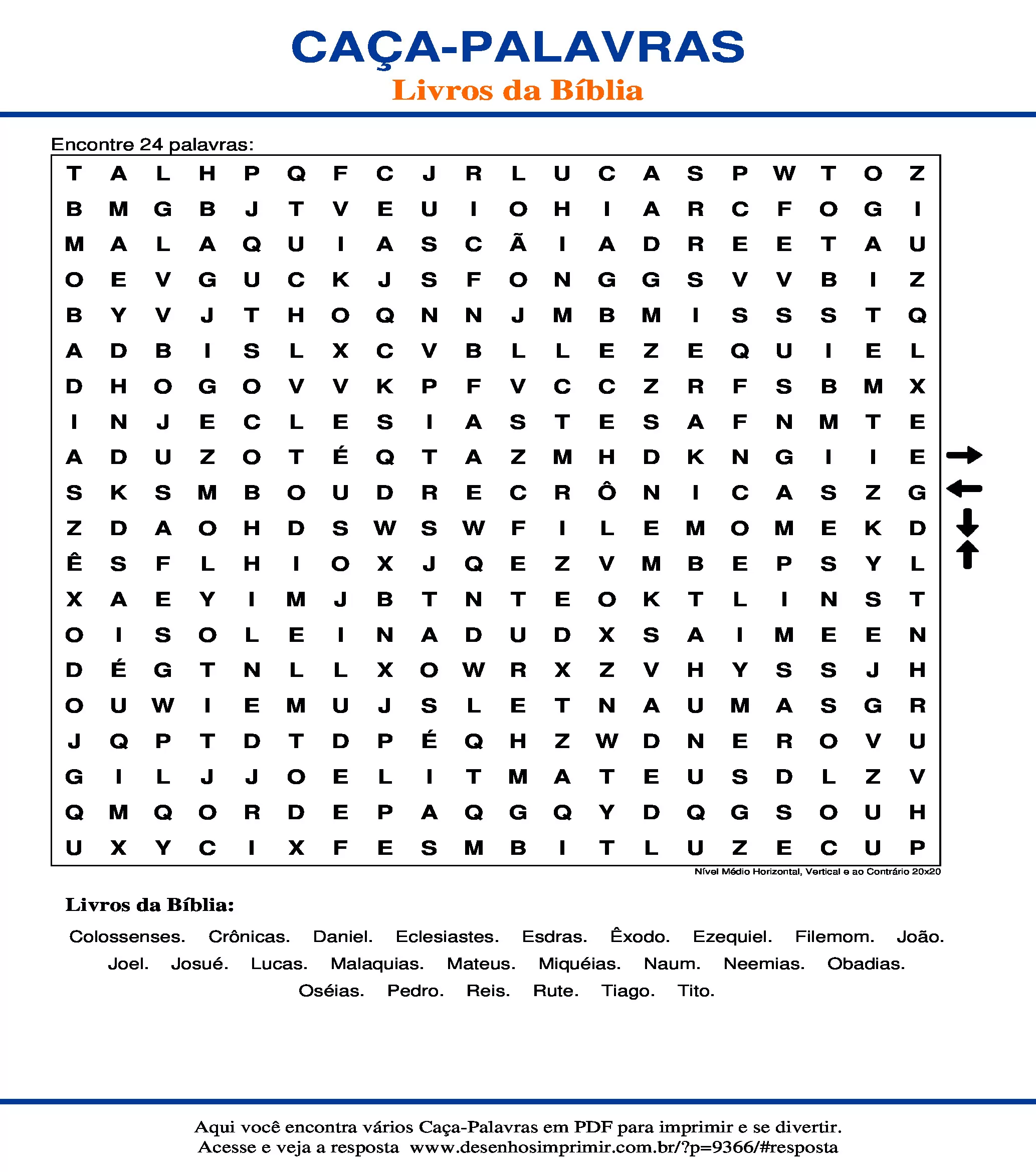 Caça Palavras Nível Médio Horizontal, Vertical e ao Contrário 20x20