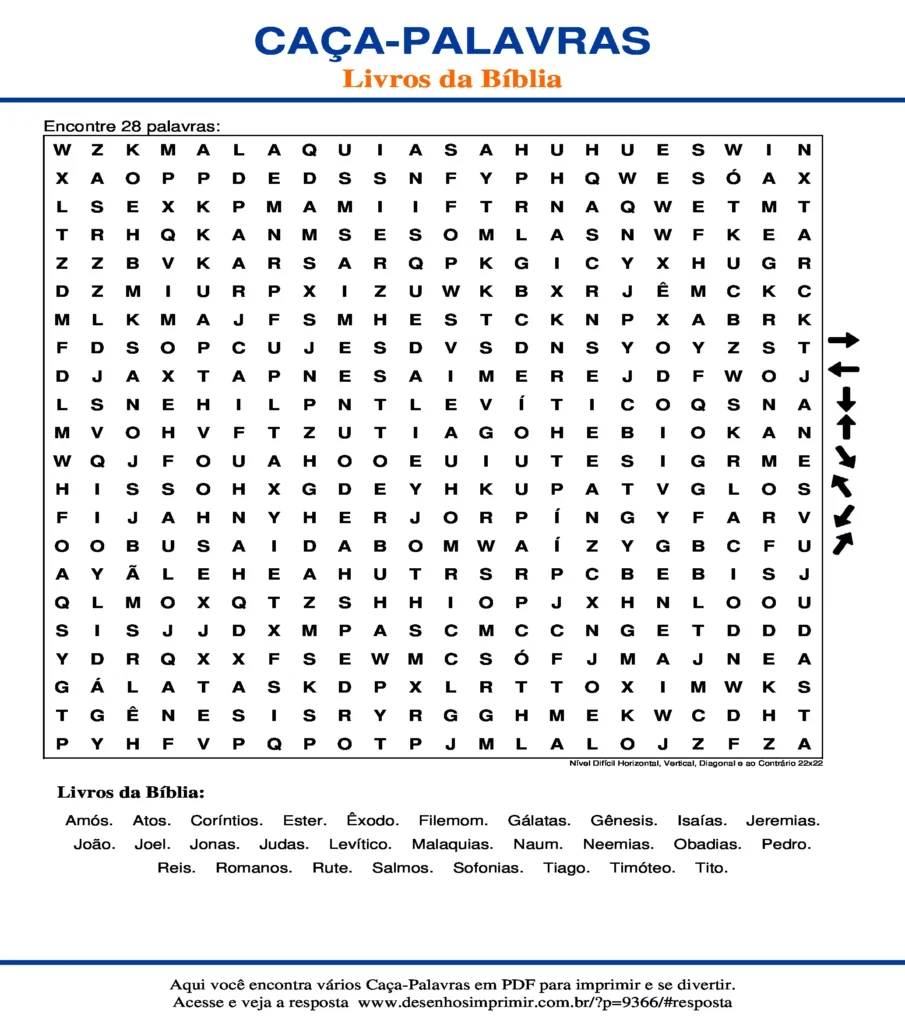 Livros da Bíblia Nível Difícil Horizontal, Vertical, Diagonal e ao Contrário 22x22 caça palavras Caça Palavras Livros da Bíblia Nível Difícil Horizontal, Vertical, Diagonal e ao Contrário 22x22 para imprimir