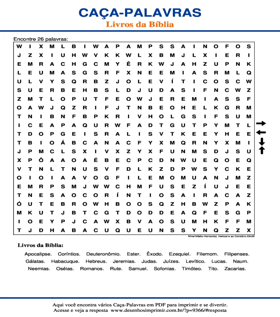 Livros da Bíblia Nível Médio Horizontal, Vertical e ao Contrário 22x22 caça palavras Caça Palavras Livros da Bíblia Nível Médio Horizontal, Vertical e ao Contrário 22x22 para imprimir