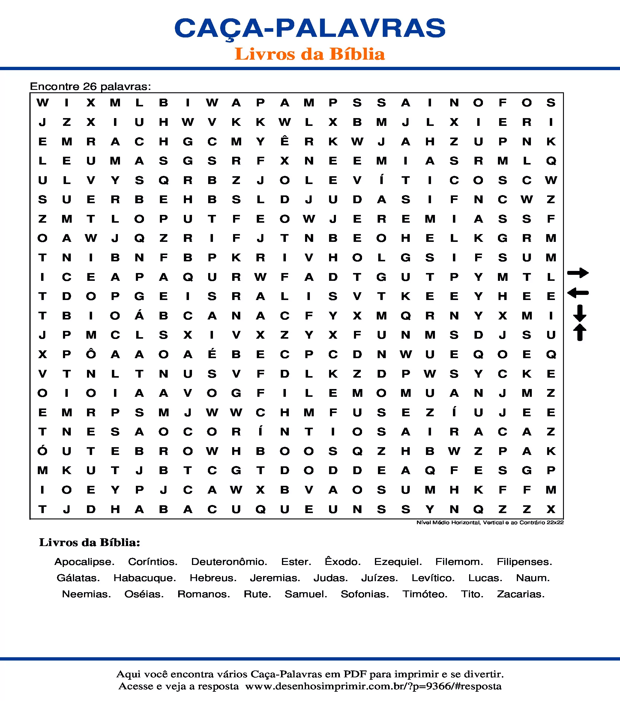 Caça Palavras Nível Médio Horizontal, Vertical e ao Contrário 22x22