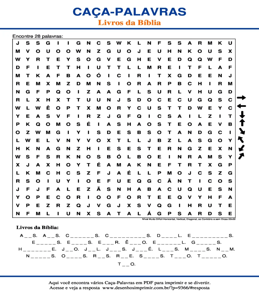 Livros da Bíblia Nível Muito Difícil Horizontal, Vertical, Diagonal, ao Contrário e sem Dicas 22x22 caça palavras Caça Palavras Livros da Bíblia Nível Muito Difícil Horizontal, Vertical, Diagonal, ao Contrário e sem Dicas 22x22 para imprimir