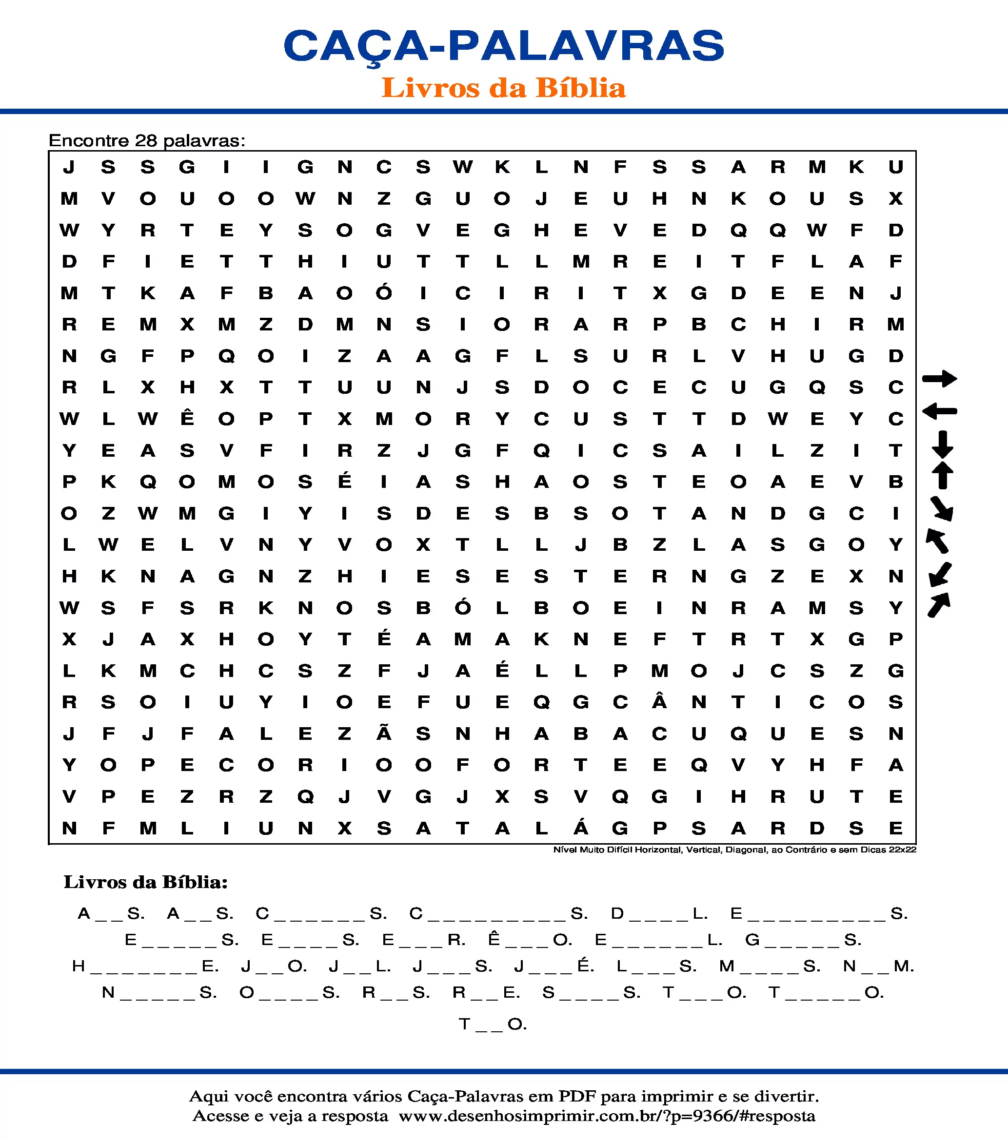 Caça Palavras Nível Muito Difícil Horizontal, Vertical, Diagonal, ao Contrário e sem Dicas 22x22