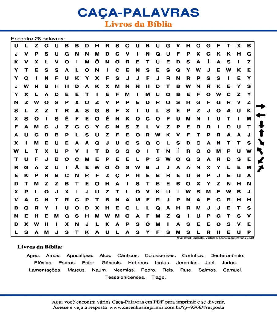 Livros da Bíblia Nível Difícil Horizontal, Vertical, Diagonal e ao Contrário 24x24 caça palavras Caça Palavras Livros da Bíblia Nível Difícil Horizontal, Vertical, Diagonal e ao Contrário 24x24 para imprimir