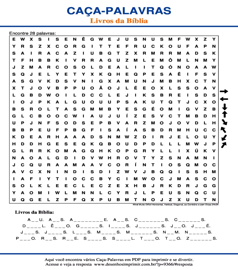 Livros da Bíblia Nível Muito Difícil Horizontal, Vertical, Diagonal, ao Contrário e sem Dicas 24x24 caça palavras Caça Palavras Livros da Bíblia Nível Muito Difícil Horizontal, Vertical, Diagonal, ao Contrário e sem Dicas 24x24 para imprimir