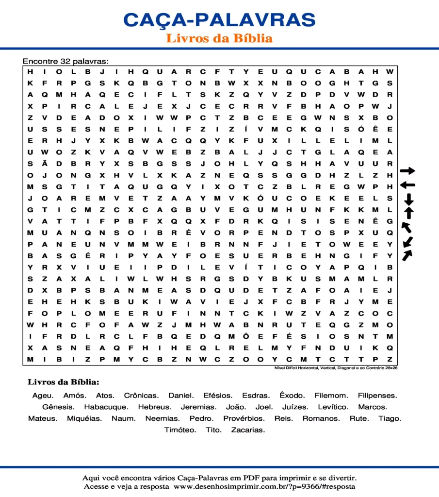 Livros da Bíblia Nível Difícil Horizontal, Vertical, Diagonal e ao Contrário 26x26 caça palavras Caça Palavras Livros da Bíblia Nível Difícil Horizontal, Vertical, Diagonal e ao Contrário 26x26 para imprimir