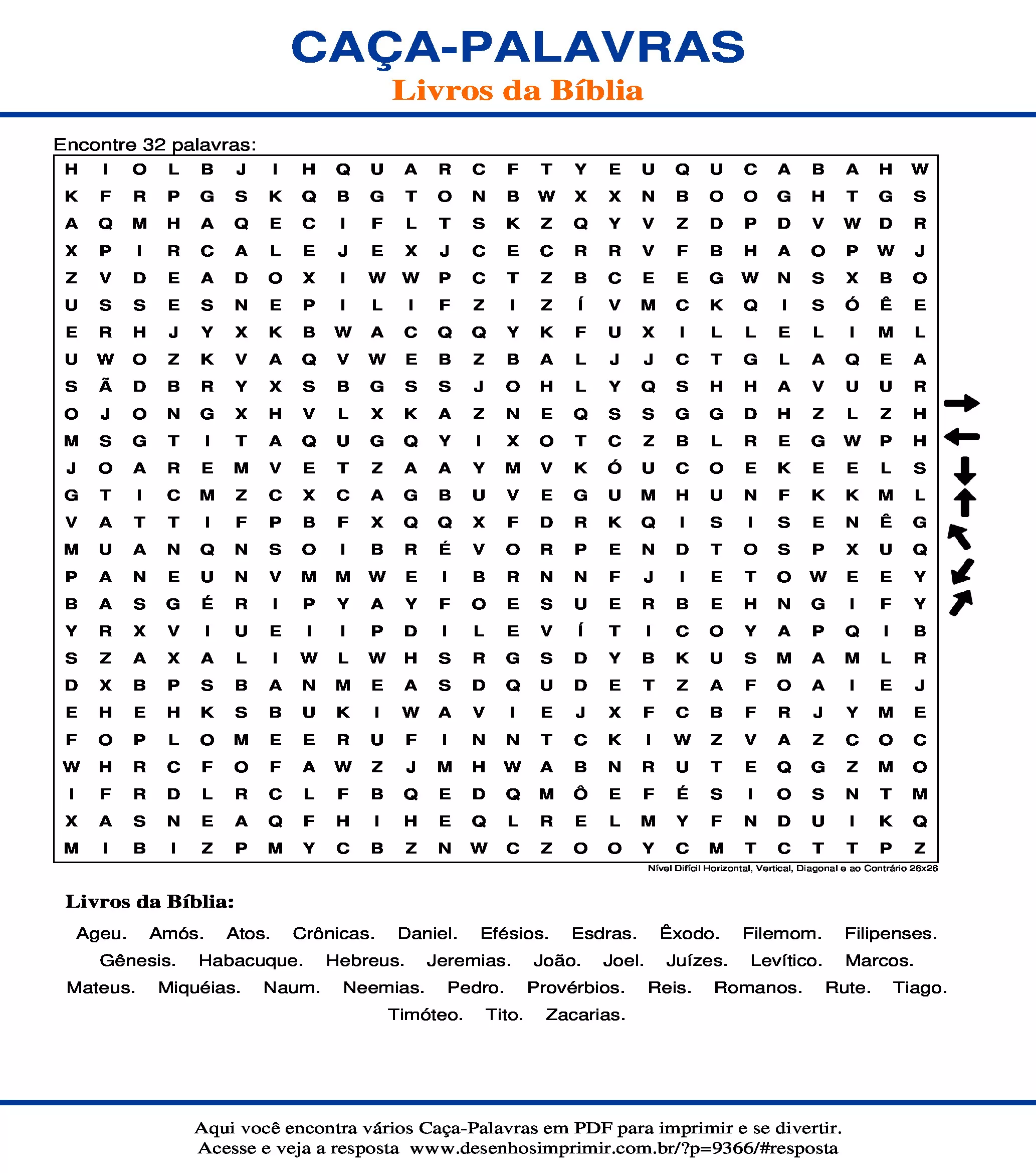 Caça Palavras Nível Difícil Horizontal, Vertical, Diagonal e ao Contrário 26x26