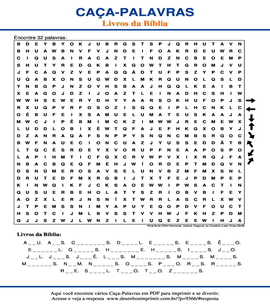 Livros da Bíblia Nível Muito Difícil Horizontal, Vertical, Diagonal, ao Contrário e sem Dicas 26x26 caça palavras Caça Palavras Livros da Bíblia Nível Muito Difícil Horizontal, Vertical, Diagonal, ao Contrário e sem Dicas 26x26 para imprimir