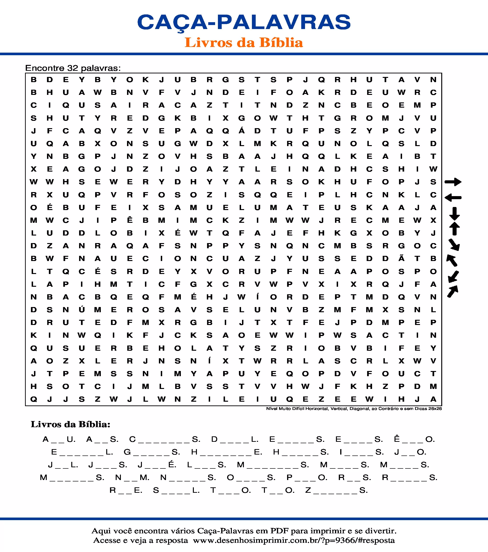 Caça Palavras Nível Muito Difícil Horizontal, Vertical, Diagonal, ao Contrário e sem Dicas 26x26