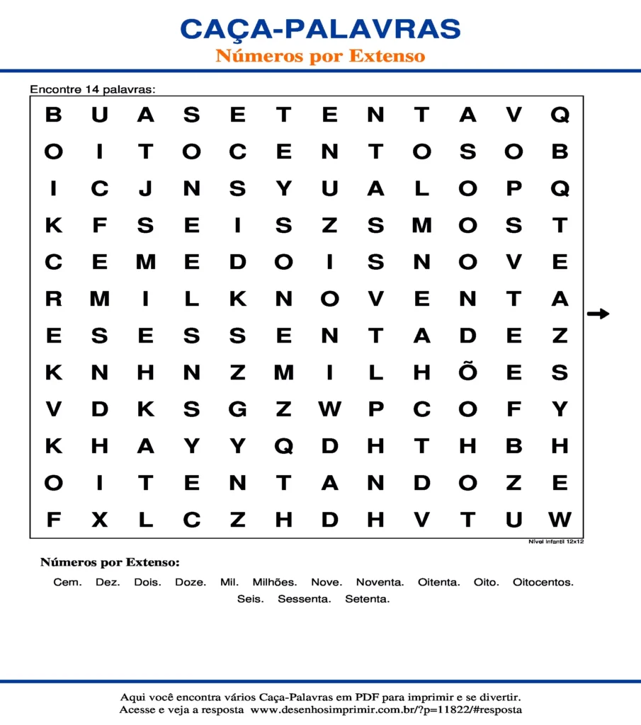 Números por Extenso Nível Infantil 12x12 caça palavras Caça Palavras dos Números por Extenso Nível Infantil 12x12 para imprimir